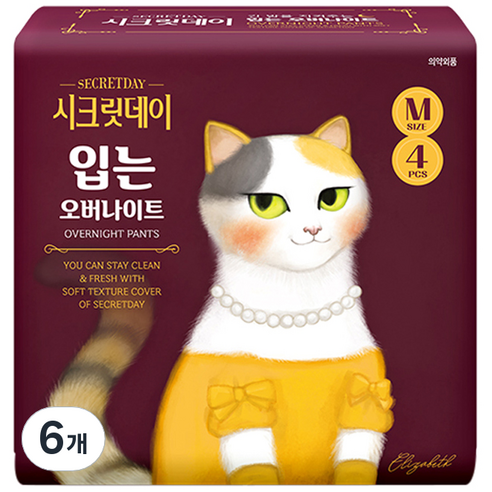 시크릿데이 입는 오버나이트 생리대, 중형, 4개입, 6팩