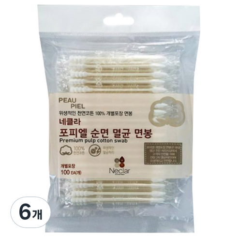 네클라 포피엘 순면 멸균 면봉, 100개입, 6개