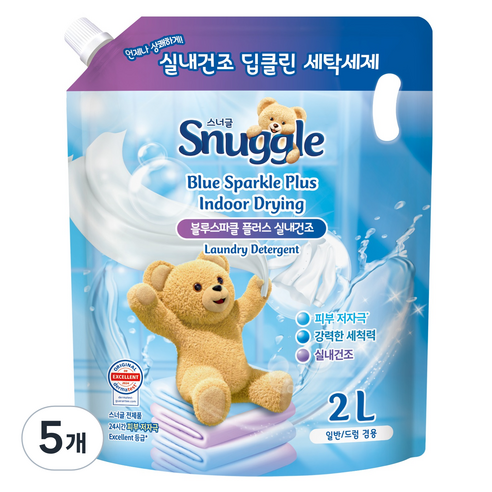 스너글 블루스파클 플러스 실내건조 액상세탁세제 리필, 5개, 2L