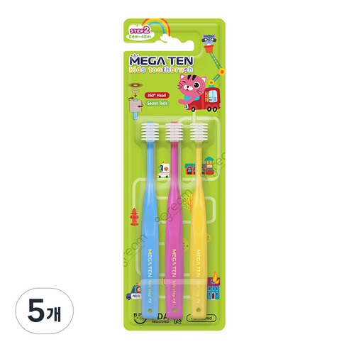 메가텐 키즈 360도 칫솔 2단계, 스카이블루 + 핑크 + 옐로우, 5개, 3개입