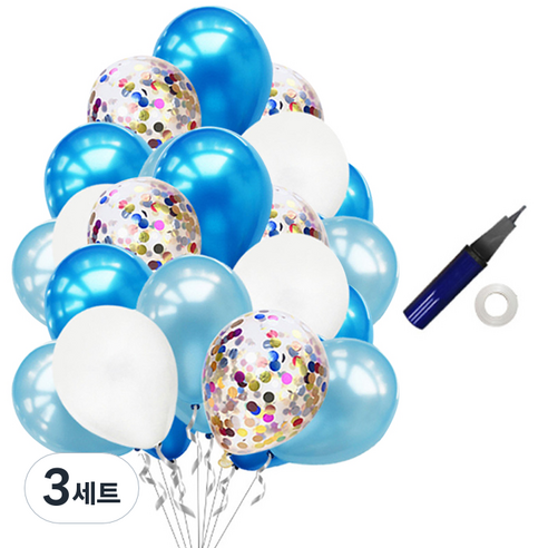 윰스 파티장식 스팽클 풍선 40p + 리본 + 펌프, 블루화이트, 3세트