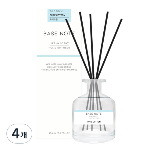 베이스노트 홈 디퓨져 150ml, 퓨어코튼, 4개
