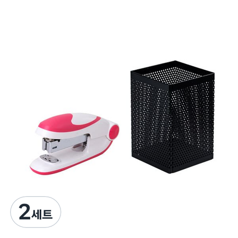 델리 칼라 둥근 33호침 사용 스테이플러 0319 + 철제 메쉬 다용도 사각 꽂이 908 세트, 랜덤발송(스테이플러), 블랙(사각꽂이), 2세트