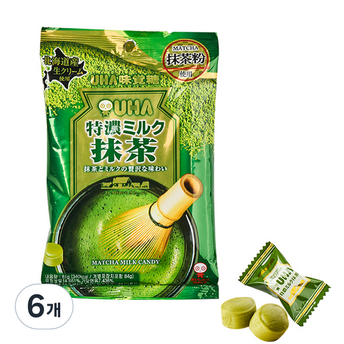 UHA 미카쿠도 토쿠노 밀크 말차 캔디, 81g, 6개
