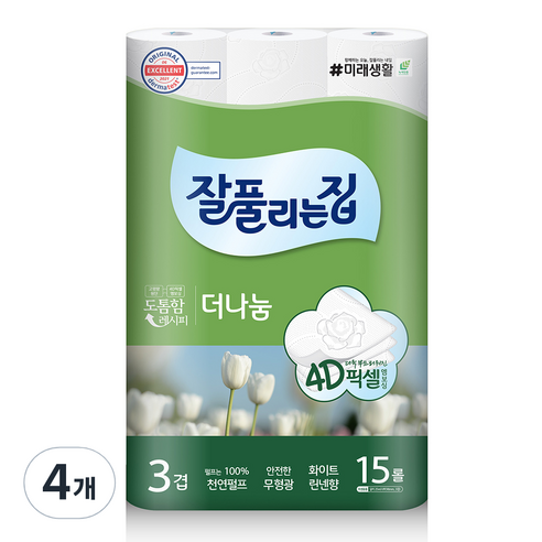 잘풀리는집 더나눔 천연펄프 3겹 고급롤화장지, 25m, 15롤, 4개
