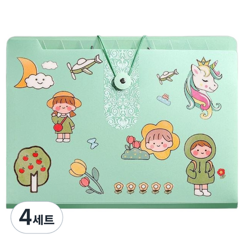 올인셀 데일리 아코디언 파일 5칸 A4 + 스티커 세트, 파스텔그린(파일), 4세트