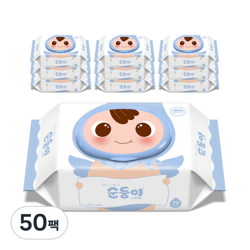 순둥이 오리지널 플러스 엘블루 아기물티슈 캡형 75평량, 75g, 70개입, 50개