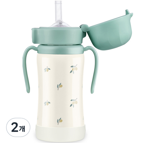 그로미미 원터치 스테인리스 올리브 빨대컵, 300ml, 2개, 올리브 피스타치오