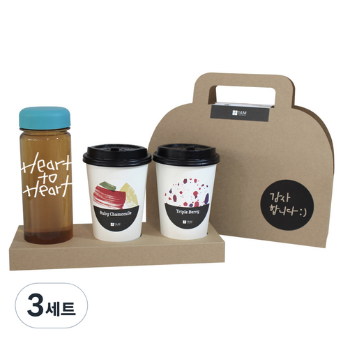 1AM 쥬뗌므 프리미엄 크라프트 Heart to H 보틀 블랜딩차세트 하늘뚜껑, 패키지 + 티백세트(테이크아웃잔 2p + 루비 캐모마일 3p + 트리플 베리 3p) + Heart to H 보틀 스티커 + 트라이탄 보틀 + 감사합니다 패키지 스티커, 3세트