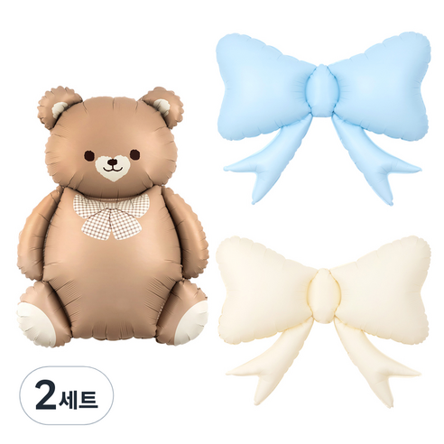 조이파티 은박풍선 리본곰돌이 + 리본풍선 2종 세트, 라떼(리본곰돌이), 블루(리본풍선), 크림(리본풍선), 2세트