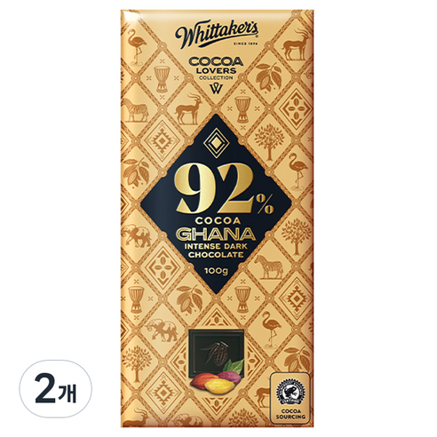 휘태커스 코코아 러버 컬렉션 92% 가나 다크초콜릿, 100g, 2개