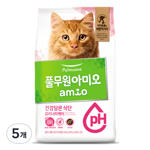 풀무원아미오 고양이 건강담은 식단 기능성 사료, 유리너리+스트레스, 400g, 5개