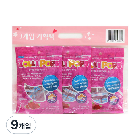 졸리팝 무설탕 막대사탕 딸기맛, 40g, 9개