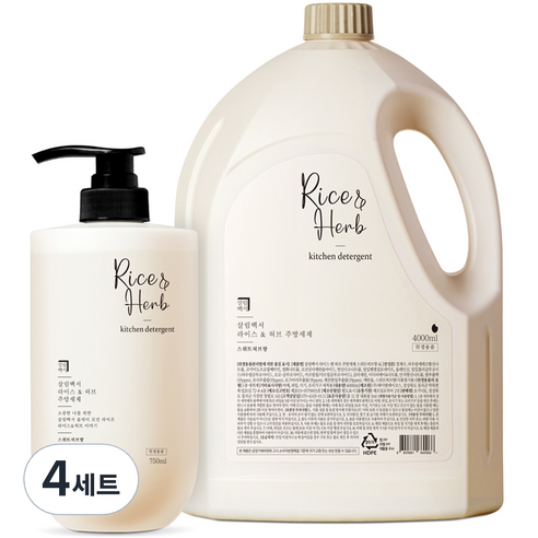 살림백서 라이스 앤 허브 주방세제 스위트허브향 본품 750ml + 리필 4L 세트, 4세트