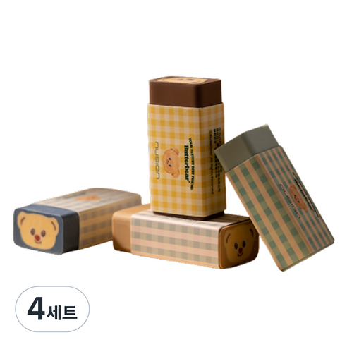 버터베어 체크 지우개 4종 세트, 블루, 베이지, 스카이, 브라운, 4세트