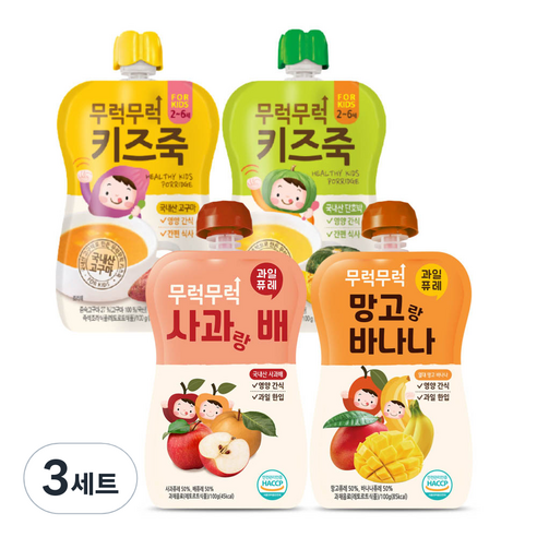 이유케어스 무럭무럭 키즈죽 100g x 2종 + 퓨레 100g x 2종 세트, 단호박,고구마,사과랑 배,망고랑 바나나, 3세트