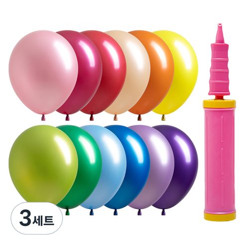 조이파티 조이벌룬 펄 풍선 30cm 100p + 손펌프 세트, 풍선(랜덤발송), 손펌프(핑크), 3세트