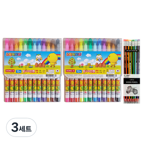 동아 노랑병아리 향기나는 사인펜 12색 2p + 투코비 삼각 지우개 연필 SG-208 6종 x 2p, 혼합색상, 3세트