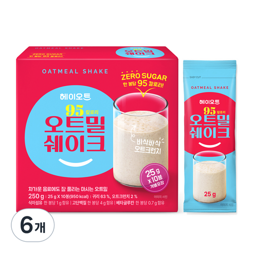 헤이오트 95칼로리 오트밀 쉐이크 10p, 250g, 6개