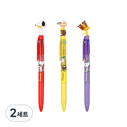 피너츠 마스코트 3색 볼펜 3종 세트 A타입 0.5mm, 스누피 글러브, 찰리, 우드스탁, 2세트