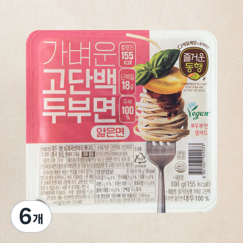 즐거운동행 가벼운 고단백 두부면 얇은면, 100g, 6개