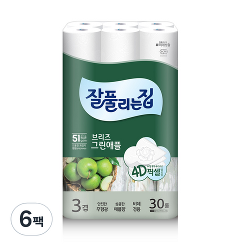 잘풀리는집 브리즈 그린애플 3겹 데코 화장지 25m, 30롤, 6팩