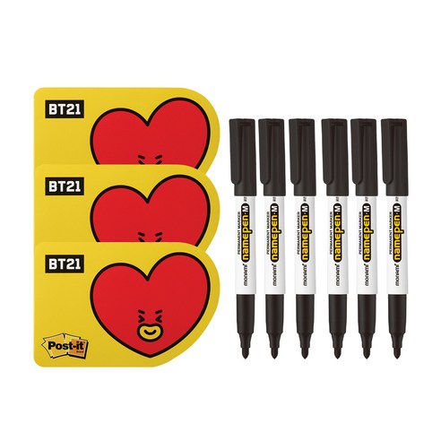 쓰리엠 포스트잇 점착용 모양 노트 654-BT21 3p + 네임펜 F 6p 세트, 타타(노트), 블랙(네임펜), 1세트