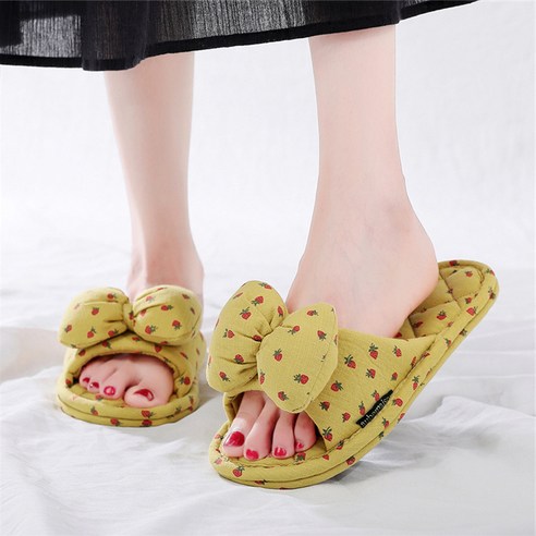 오브메종 3중 쿠션 딸기 리본 면 슬리퍼, 옐로우, 1세트