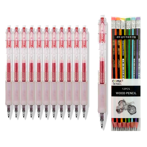 동아 큐노크 무지 볼펜 0.4 + 투코비 코마 삼각 지우개 연필 랜덤발송 SG-208 세트, 빨강, 12세트