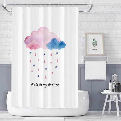 알럽홈 미니멀프린팅 방수 욕실 샤워커튼 핑크블루구름 180 x 200 cm, 1개