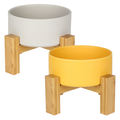 멍지 반려동물 2단 높이 도자기 식기 고급형 S 2종 세트, 옐로우, 그레이, 1세트
