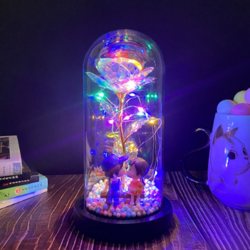 로이윙 장미꽃 선물 케이스 LED 조명 벤치 뽀뽀 꼬마커플 + 쇼핑백, 혼합색상