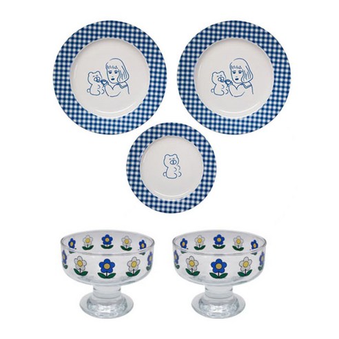 1537 체크라인 플랫 접시 2종 + 글라스볼 세트, 1세트, 깅엄체크 Small + 깅엄체크 Large 2p + 글라스볼 쁘띠플라워 2p