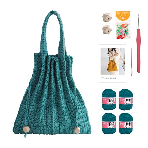 yarna 올리오 단색 플리츠백 DIY 패키지 S, 727 사파이어(뜨개실), 베이지(우드볼), 랜덤발송(단수링), 1세트