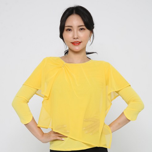 댄스도매몰 언발란스 망사 티셔츠 LDT25500, 노랑
