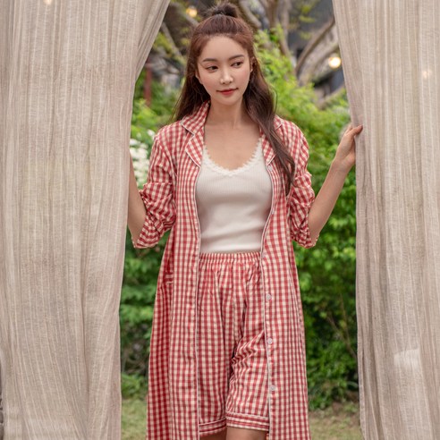 테라우드 여성용 파스텔 코튼 체크 5부 주머니 잠옷바지