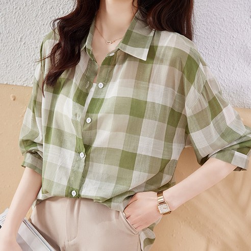 뮤리엘 여성용 통기성 체크 린넨 셔츠