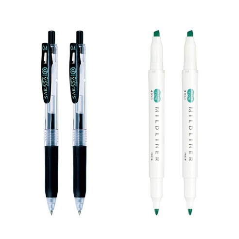 제브라 마일드라이너 마카 2p + 사라사 클립 볼펜 0.4mm 2p 세트, 썸머그린(마일드라이너), 검정(볼펜), 1세트