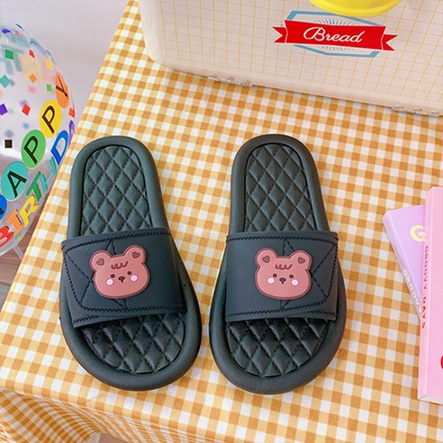 스타 곰돌이 마름모 패턴 실내화, 블랙 버클, 250