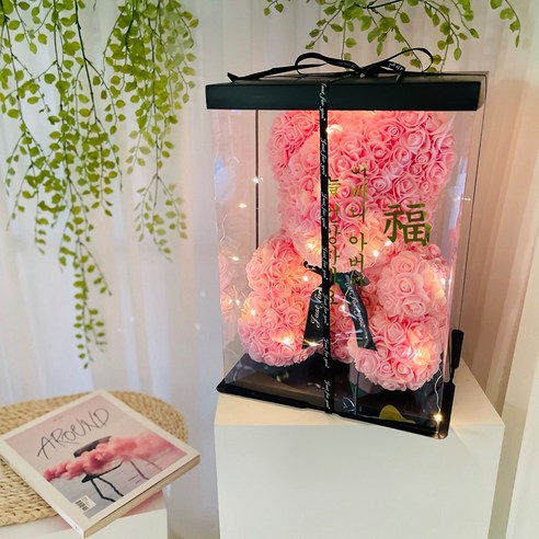 러블리팜 조화 로즈베어 L + 전용 케이스 + LED 전구 + 레터링 시트지 명절 세트, L사이즈, 핑크(로즈베어), 골드(레터링 시트지)