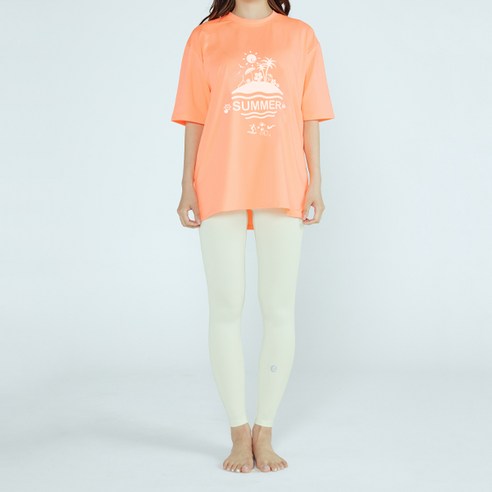 솔레일 여성용 루즈핏 썸머 바캉스 반팔 티셔츠 + 로고 포인트 워터레깅스 래쉬가드 세트