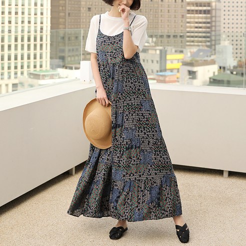 뷔스티에원피스 뷔스티에원피스 에어모달 이너원피스 레이어드 롱끈나시 3p 빼빼 여성용 끈조절가능 플라워패턴 뷔스티에 나시 롱원피스