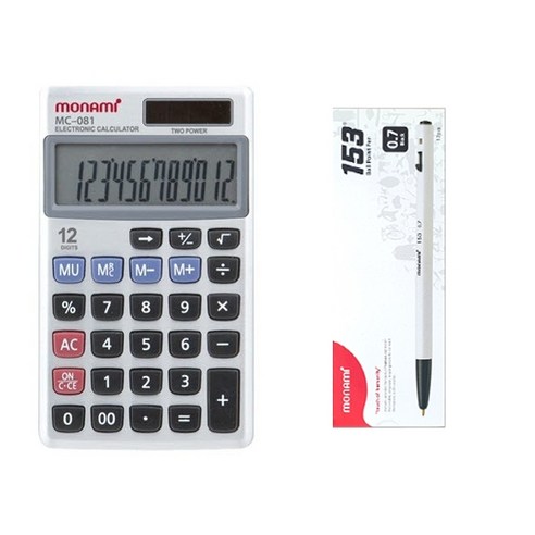 모나미 계산기 MC-081 + 153 볼펜 0.7 12p 세트, 혼합색상(계산기), 블랙(볼펜), 1세트