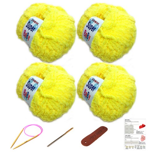 행복뜨기 슈퍼베이비 뜨개실 4p + 바늘 6mm + 돗바늘 + 가죽 라벨 + 목도리 도안 세트, 1세트, 파스텔노랑