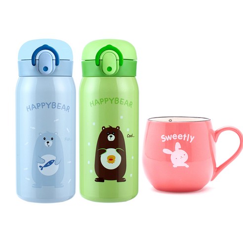 해피베어 원터치 보온보냉병 2종 + 둥근달 머그 세트, 350ml, 스카이블루, 그린
