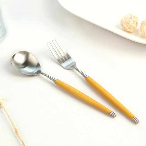 보겐 국산 르비앙 샤틴 디저트 스푼 + 포크 세트, 머스타드, 디저트스푼 + 디저트포크, 1세트