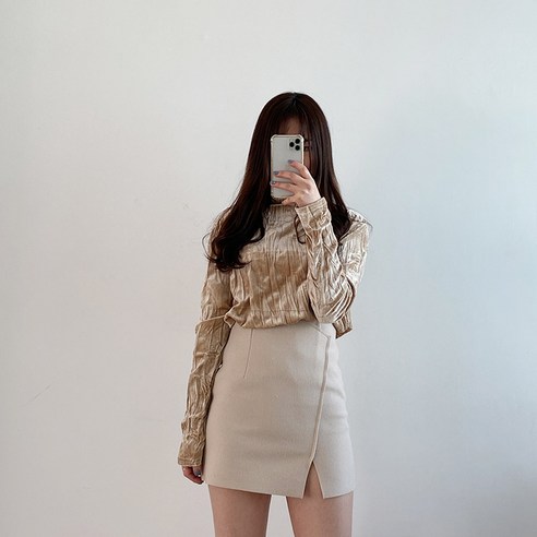 여성용 프래티 하프넥 주름 벨벳 티셔츠 T5752K0C