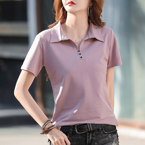 언헤브 여성용 버튼 카라넥 반팔 티셔츠