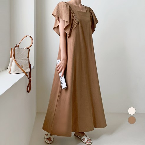 보에리에 여성용 소매 프릴 펀칭 스퀘어넥 롱 원피스