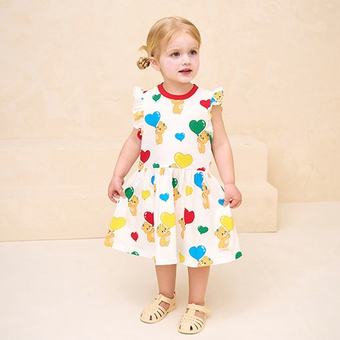 밀크마일 여아용 통기성 하트 벌룬 베어 프릴링 원피스
